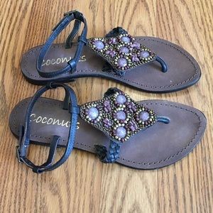 Coconuts Bangle Black Leather Blue Beaded Sandal